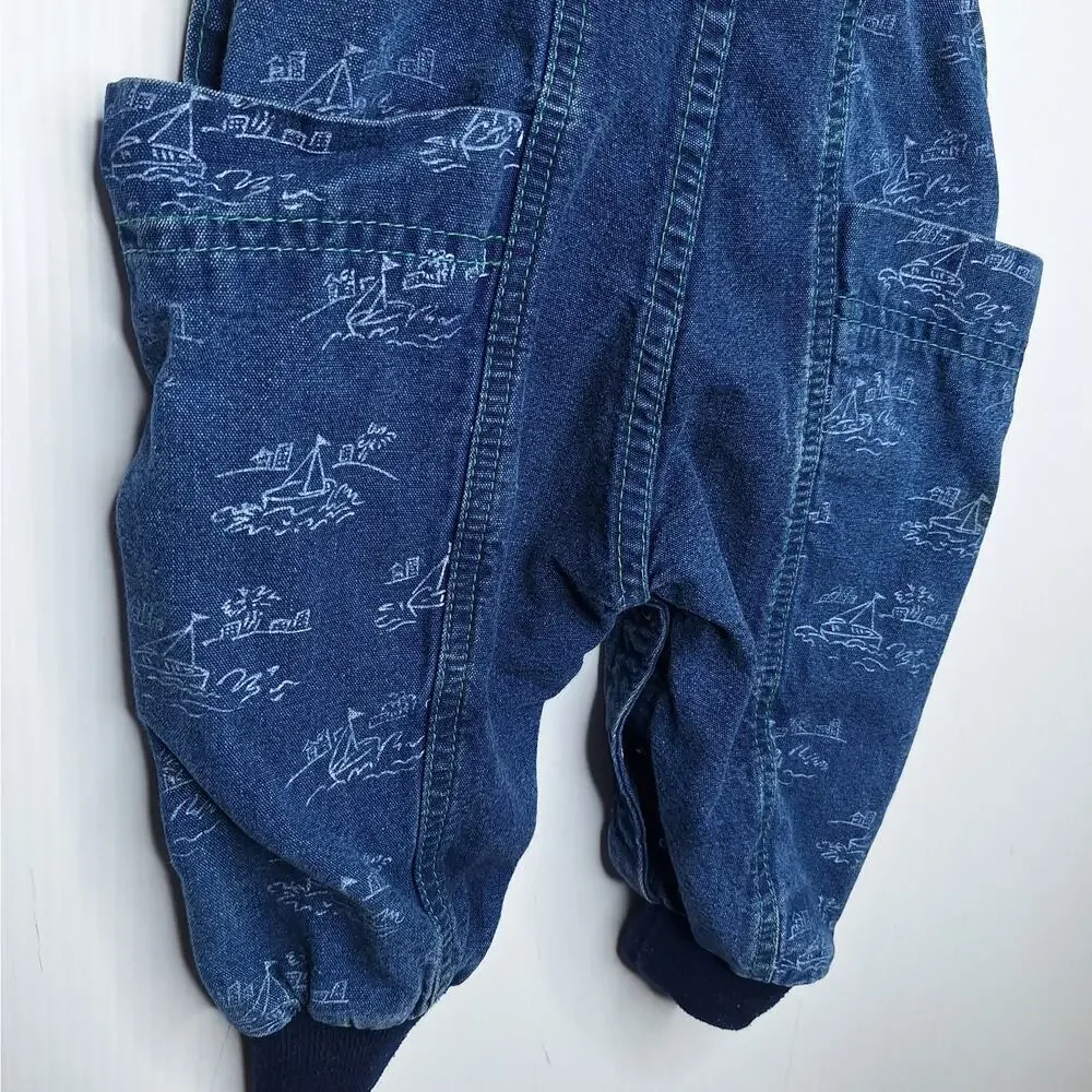 Vintage OshKosh B'Gosh Vestbak Baby Denim Sailboat Bubble Bib Overall 6-9 mo USA